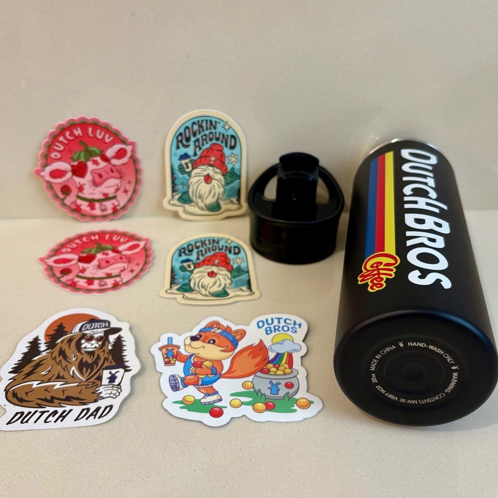 NWOT Dutch Bros Matte Black Steel 20oz Tumbler w/various New Dutch Bros Stickers - Picture 2 of 6